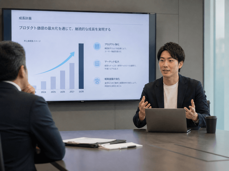 VC やビジネスパートナーとの 1on1 面談で、自社の戦略を説明するスタートアップ CEO の様子