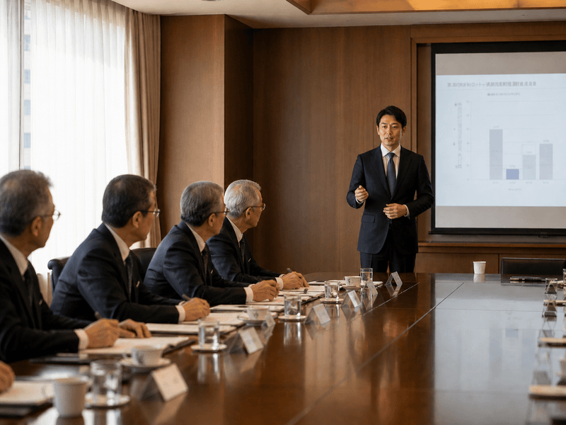 役員会の場で発言する管理職と、経営陣が議論を交わしている様子