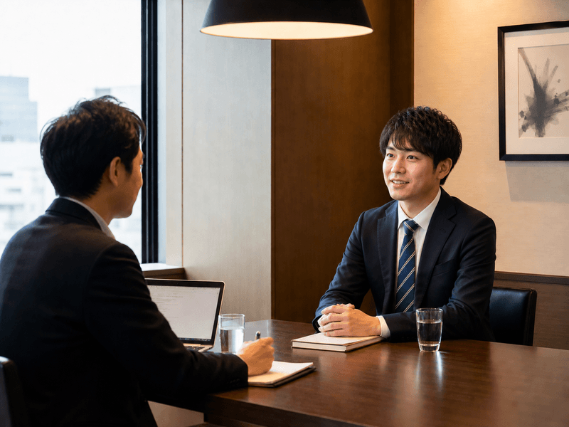 個室で穏やかに対話する面接官と候補者、メモやノート PC が机にある様子
