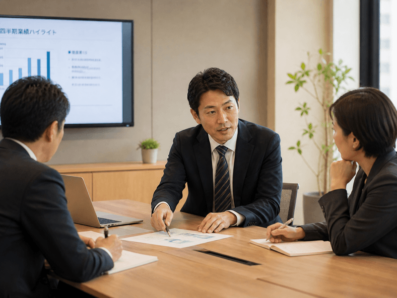 中堅マネージャーが上申資料を前に、会議室で複数の関係者と議論している様子