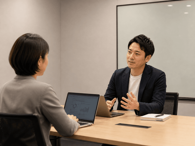 上司と部下が対話する 1on1 シーン、リラックスした雰囲気で相手の話を聞いている様子