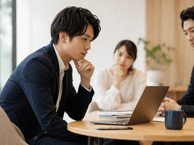会議室で発言を考え込む若手ビジネスパーソンが、ノート PC を前に集中している様子
